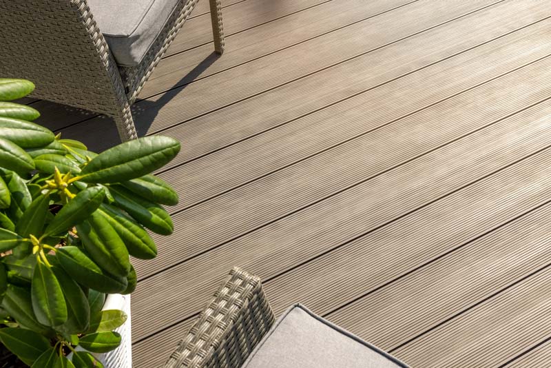 Wpc terrace. wood plastic composite decking boards. copy space