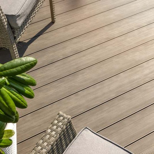 Wpc terrace. wood plastic composite decking boards. copy space