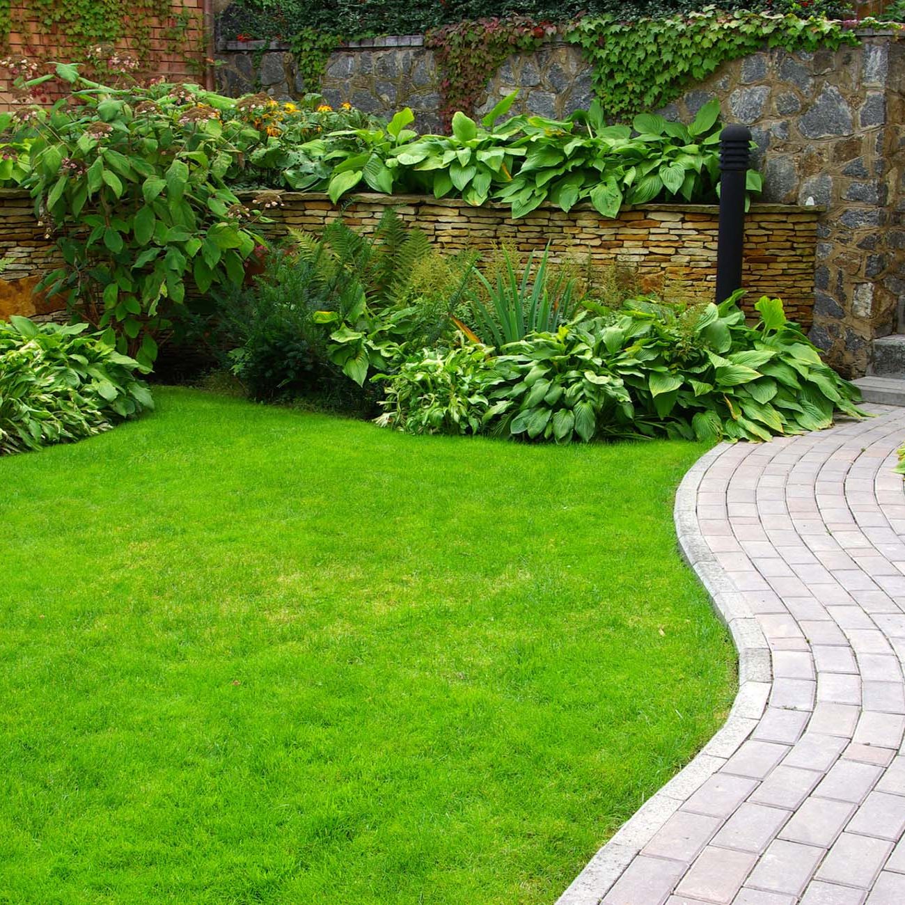 Garden stone path with grass growing up between the stones